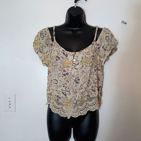 Wet Seal Tops - Wet Seal cream and purple floral cold shoulder top